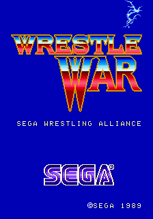 The title screen features "WRESTLE WAR" in large red and yellow pixelated letters centered in the upper portion against a solid blue background. Below the title, "SEGA WRESTLING ALLIANCE" appears in white text. The SEGA logo in blue outline sits in the lower center, with a copyright notice "©SEGA 1989" displayed beneath it. A small sprite of a wrestler figure appears in the top-right corner of the screen.