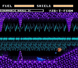 A blue worm-like creature navigates a purple pixelated cavern landscape with cyan and black terrain features. The top of the screen displays a HUD with fuel and shield meters shown as orange bars, along with a secondary status bar. Green waveform patterns and cyan speckled noise texture fill the middle and lower portions of the screen, creating a sense of underground depth and visual distortion characteristic of early NES-era graphics.