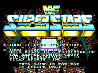 The WWF Superstars arcade title screen features the game logo in large yellow and blue lettering at the top, with a crowd of pixelated spectators visible in the background. Below the logo, copyright text for Technos Japan and Titan Sports spans multiple lines, listing developer and publisher credits from 1989. At the bottom, white text reads "IN HOME USE FOR USE". The background displays a dense crowd of small colored sprites in red, orange, and yellow tones, creating a stadium atmosphere typical of 8-bit arcade visuals.