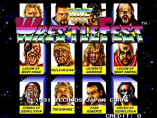 The WWF WrestleFest arcade title screen displays the game logo at the top in large yellow and magenta letters against a black starfield. Below are two rows of wrestler portraits in 8-bit sprite style: the top row shows three wrestlers with large heads, the second row displays four wrestlers with yellow name labels beneath each. At the bottom, "1991 TECHNOS JAPAN" appears with "© 1991" and "TEHCNOS" visible, along with a "CREDITS" button indicator. The color palette consists of bright primary colors—yellow, magenta, cyan—against black backgrounds.