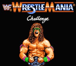 A muscular male wrestler with long blonde hair and a tan complexion stands shirtless in the center, flexing both arms with green wristbands visible. The WWF WrestleMania logo in orange and gray text appears at the top, with the word 'Challenge' in white script below it. The wrestler's torso fills most of the frame against a dark background, rendered in low-resolution sprite graphics typical of NES-era games.