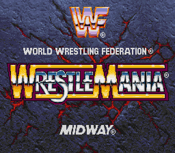 The title screen displays the WWF WrestleMania logo in large yellow and red pixelated letters against a textured dark blue and black background. Above the main title sits the smaller WWF shield logo in orange. The World Wrestling Federation branding appears in white text at the top. Below the WrestleMania text, "MIDWAY" is written in white, indicating the publisher. The overall visual style uses the characteristic low-resolution sprite graphics and limited color palette typical of early-to-mid 1990s SNES arcade ports.