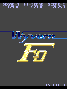 The title screen displays "Wyvern F-0" in blue and yellow pixelated text centered on a dark gray background. A three-line score panel at the top shows score values of 17730, 36756, and 20750. The word "CREDIT" appears in small white text in the bottom-left corner, with a zero visible in the bottom-right. The overall design uses a low-resolution 8-bit sprite aesthetic typical of mid-1980s arcade graphics.