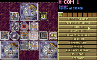 The screen displays a tactical grid-based combat interface with a purple diamond-patterned background. A 4x4 grid of square tiles occupies the left side, each containing isometric structures, vehicles, and soldiers rendered in low-resolution pixel art. The right panel lists game statistics including Funds (81,050,106), options for Auto-New Base, Base Information, Soldiers, Equipment, Avionics, Weapon, Armor, Manufacture, Transfer, Purchase Weapons, and Geoscape. The top-left corner shows "X-COM 1" in a futuristic font. The overall visual style features 8-bit era graphics with muted earth tones and industrial design elements.