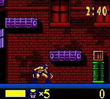 Wolverine's sprite stands in the center of a brick-walled level, facing right. A blue-outlined enemy appears to the left at mid-height. The top displays "1:40" in red numerals and a purple score indicator reading "000000". The bottom status bar shows a yellow health segment on the left, an "X" counter showing 5, and "0" on the right. Red brick textures and dark doorways form the background. The overall color palette consists of reds, blues, yellows, and blacks typical of Game Boy visuals.