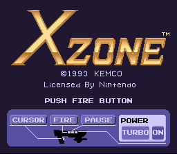 The X Zone title screen displays the golden logo prominently centered against a dark purple background. Below the title appear copyright details stating "©1993 KEMCO" and "Licensed By Nintendo". At the bottom, white text reads "PUSH FIRE BUTTON" above a control panel interface showing four purple buttons labeled CURSOR, FIRE, PAUSE, and POWER, with a small black sprite cursor visible on the left side of the panel.
