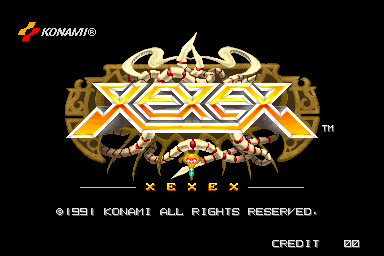 The title screen displays the Xexex logo in large gold lettering with orange and white geometric patterns, centered beneath an ornate golden crown or emblem featuring horned decorative elements. Below the logo sits the word 'XEXEX' repeated in smaller yellow text. A Konami copyright notice appears at the bottom left reading '© 1991 KONAMI ALL RIGHTS RESERVED', with a 'CREDIT' indicator and coin counter visible at the bottom right. The entire composition is set against a solid black background.