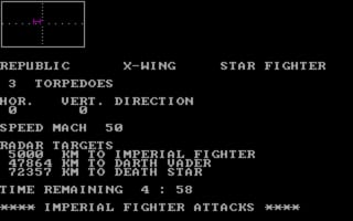 A text-based DOS game display shows tactical flight information with white monospace text on a black background. The top section displays game title and status indicators including 'REPUBLIC X-WING STAR FIGHTER' header, pilot information reading 'HOR. VERT. DIRECTION', and speed settings 'SPEED MACH 50'. The main tactical panel lists radar targets with numerical coordinates and status values, including entries for 'IMPERIAL FIGHTER ATTACKS' marked with asterisks. A small crosshair radar grid appears in the upper left corner. At the bottom, a time remaining counter shows '4:50' with additional attack warnings displayed in all capitals.