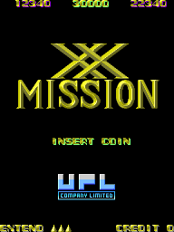 The title screen displays a yellow pixelated XX logo centered above the word MISSION in matching yellow text against a black background. Below reads INSERT COIN in smaller yellow letters. The UPL (Universal Game) publisher logo appears in white and blue rectangles in the lower portion. Yellow text reading STEP 1/1 and SELECT appears at the bottom left and right respectively. Numeric values 13:36, 97,600, and 23:16 are visible at the top of the screen in yellow text.
