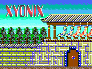 The title screen displays the word XYONIX in large red and yellow pixel lettering at the top. Below is a pixel art scene showing a walled garden with green hedges arranged in a maze pattern, decorative yellow brick walls with blue pillars, and a brown wooden door in the lower right. The background transitions from blue at the top to cyan, with striped yellow and black borders framing the scene. The overall color palette uses bright primary colors typical of late-1980s arcade aesthetics.