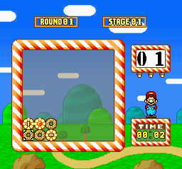 A game interface shows a blue sky background with white clouds and green ground. A large red and white striped border frames a gray-blue play area containing green platforms and cloud sprites. In the top-left corner, a yellow "ROUND 9-1" indicator and yellow "STAGE 9-1" label appear. The top-right displays a small portrait square marked "0" and "1". Below that, a character sprite in blue stands on green ground next to a "TIME 90 02" indicator in green text. Four cookie or item sprites appear in the lower-left corner of the play area.