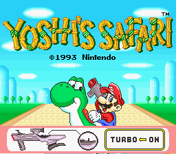 The title screen displays "YOSHI'S SAFARI" in large yellow text at the top, with a Nintendo copyright stamp and 1993 date. Below, a green Yoshi and a red-capped Mario character stand on a beige platform against a blue sky with white clouds and green grass. At the bottom, a light gun controller graphic appears on the left, a compass icon in the center, and text reading "TURBO = ON" on the right. The overall art style uses bright, solid colors typical of early 16-bit sprite graphics.