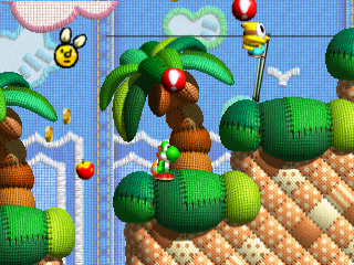 A colorful side-scrolling platformer scene features a green Yoshi character in the center-left area, surrounded by oversized flora including palm trees with brown trunks and spherical green foliage. The ground is rendered as tan interlocking tiles in an isometric style. Flying enemies—yellow bee-like creatures and red ball projectiles—float across a bright blue sky with white clouds and a partial sun in the upper corner. The art style employs low-resolution 3D polygonal models with distinct color blocking typical of early Nintendo 64 graphics.