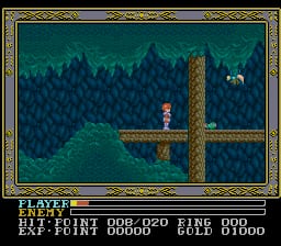 A red-haired player character stands on a wooden bridge suspended over dark blue-green water in a forest environment. Tall pixelated conifer trees fill the background in layered shades of teal and dark green, creating parallax depth. The character faces right on the bridge's center. The UI displays player statistics at the bottom: level indicator, hit points 996/670, experience 10, and gold 0000 in a gold-bordered frame. The art uses a 16-bit pixel style with a medieval fantasy aesthetic.
