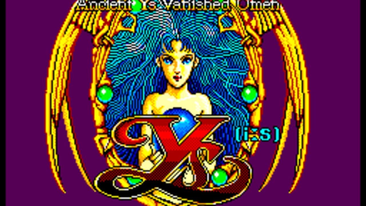 A ornate title screen displays a mystical female figure with yellow skin and a blue star on her forehead, centered within an elaborate gold-trimmed arch flanked by winged creatures. The large red "Ys" logo with blue accents dominates the lower half, with green glowing orbs positioned at cardinal points. The background features a cyan and blue diamond-pattern texture against a purple outer border. Text reading "Ancient Vanished Omen" appears at the top in pixelated letters, with "[MSS1]" visible in cyan on the right side.