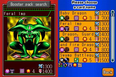 A Yu-Gi-Oh! GX card selection menu displays a large green insect creature card on the left labeled 'Feral Imp' with yellow-bordered artwork showing a demonic face. The right side lists multiple dragon and fire-type cards with blue backgrounds, each showing card names, level numbers, and attack/defense values in yellow text. A 'Back' button appears in the bottom-right corner on a blue panel. The interface uses bright primary colors typical of early Nintendo DS graphics, with pixelated text and card icons arranged in a grid format.