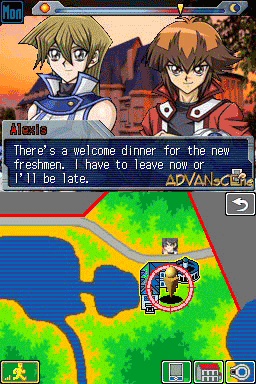 The top screen displays two male characters with dialogue text stating "There's a welcome dinner for the new students. I have to leave now or I'll be late." The bottom screen shows a top-down map view with blue water, green terrain, and a yellow star marker indicating the player's position. A circular miniature portrait icon appears in the center-bottom area. The UI includes yellow and green navigation buttons along the bottom edge typical of Nintendo DS dual-screen layout.