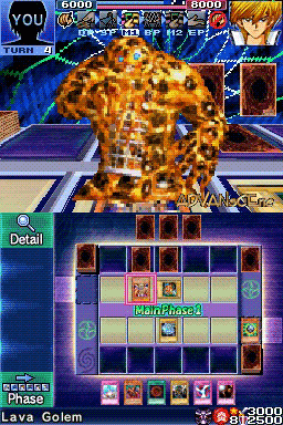 A Yu-Gi-Oh! duel interface displays a large golden Lava Golem monster card in the center arena, surrounded by a purple-bordered card grid below showing the player's hand and deck. The top of the screen shows score counters reading 6000 for the opponent and 0000 for the player, with character portraits in the upper corners. A detail panel occupies the lower-left, while the bottom UI contains various menu icons and a card preview area. The overall visual style uses sprite-based 2D graphics typical of Nintendo DS card game adaptations.