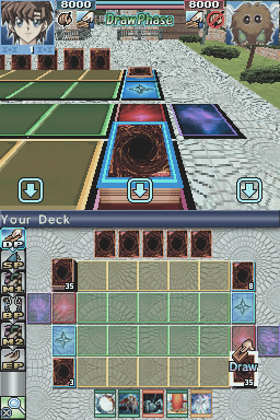 A Yu-Gi-Oh! duel interface displays two players with 8000 life points each at the top. The main view shows a duel field with a blue player's monster zone in the foreground containing red card slots, and a brown opponent's zone visible in the distance on a tiled ground. Below, the player's deck panel spans the width with six brown card slots on left and right edges, and a large grid of face-down green card tiles occupying the center area. Three control buttons appear in the lower corners. Character portraits and stat displays frame the upper edges in the isometric perspective typical of Nintendo DS Yu-Gi-Oh! games.