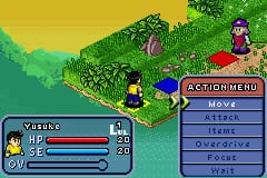 An isometric battle screen displays four characters positioned on a green terrain with yellow sky. The left panel shows character stats including health and energy bars for a selected fighter. The right panel contains a blue menu with options labeled Move, Items, Attack, and other commands. Sprites use bright colors with low pixel resolution typical of Game Boy Advance graphics. Two enemy characters stand opposite the player's team on the battlefield.