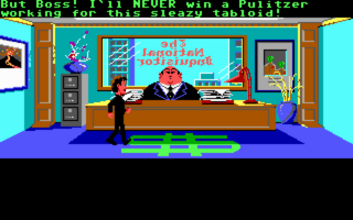 A pixel art scene depicting an office interior with bright cyan and blue walls. A man in a red head sits at a brown desk, facing forward with a neutral expression. Behind him, a window shows a cityscape with tall buildings. The desk contains papers and office supplies. To the left stands a tall filing cabinet in dark colors. The bottom of the screen displays a black bar with white text containing game information. The art style uses bold colors and simple geometric shapes typical of 1980s computer graphics.