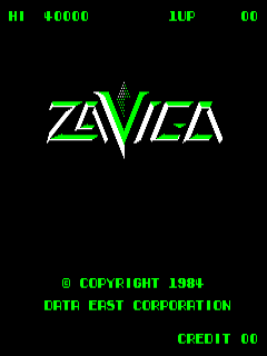 A black screen displays the title 'ZAVIGA' in large green block lettering with a geometric slash accent through the center. At the top left, green text shows 'HI' and a score of '$0000', with '1UP' and '00' displayed at top right. Below the logo sits a small green triangle icon. At the bottom of the screen, green text reads '© COPYRIGHT 1981 DATA EAST CORPORATION' and 'CREDIT 00'. The entire interface uses a bright green monochrome color scheme typical of early 1980s arcade cabinets.