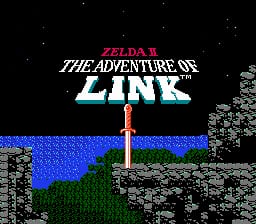 The title screen displays "ZELDA II" in red text at the top, with "THE ADVENTURE OF LINK" in white and cyan pixelated letters below it. A red-robed sprite figure stands centrally on a blue water surface, positioned between gray stone brick structures on either side. The background is entirely black with a few white dots suggesting stars, and the water and ground use distinct blue and gray pixel blocks typical of NES-era graphics.