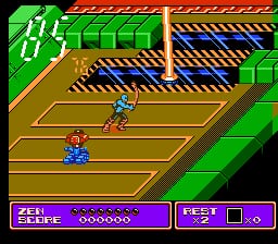 A blue ninja character stands on a yellow-brown tiled platform in the center-left area, with a red ninja opponent positioned lower-left. The isometric playfield shows layered platforms in brown and green against a black background. A striped yellow and red barrier spans the top, with blue diagonal striping on upper platforms. The HUD displays purple boxes at the bottom: a life counter on the left reading "5000" with three blue dots, and an inventory section on the right showing a small grid icon. Green pipe elements and architectural details are visible in the upper-right corner. The pixel art employs a limited color palette typical of NES-era graphics.