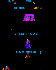 The title screen displays "ZERO HOUR" in magenta pixelated text at the top center, with "TOP" and "BONUS" labels flanking a score of 3000 in cyan. Below sits a magenta alien spacecraft sprite with a wide, triangular silhouette. Centered underneath reads "INSERT COIN" in cyan text, followed by "UNIVERSAL ©" in smaller cyan letters. A small blue spaceship sprite appears just above the copyright notice. The background is entirely black, typical of early 1980s arcade aesthetics.