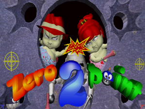 The title screen features two large green goblin-like characters with red hats flanking a blue spherical object in the center, from which a yellow starburst emanates. Colorful stylized text spelling out the game title appears below in orange, blue, and green letters. Small crosshair targeting reticles are visible in the upper corners against a textured purple-gray background. The sprite-based artwork uses a bright, cartoonish visual style typical of late-1990s arcade graphics.