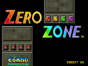 The title screen displays "ZERO ZONE" in large colored lettering, with "ZERO" in red and orange on the left and "ZONE" in cyan on the right, accompanied by a trademark symbol. Below the title are two rows of colored square buttons in red, yellow, green, and purple. The bottom left shows the Comad developer logo in cyan text. In the bottom right corner, "CREDIT 00" appears in yellow text. The background is black with gray pixelated tile patterns visible in the upper portion. All graphics use pixel art typical of early 1990s arcade hardware.