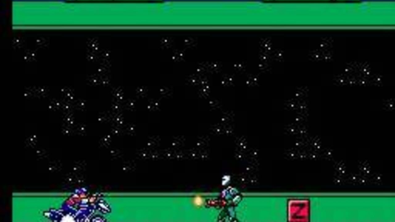 A horizontally-scrolling action scene displays two player characters positioned on a bright green ground strip at the bottom, facing off against an enemy robot in the center-right. The upper half shows a starfield background with white dot particles scattered across black space. A yellow projectile is visible mid-flight from the player's weapon. The right edge of the screen displays a pink-red square UI element. The sprite-based graphics use a limited color palette typical of SMS hardware, with the scene rendered in low resolution pixelated form.
