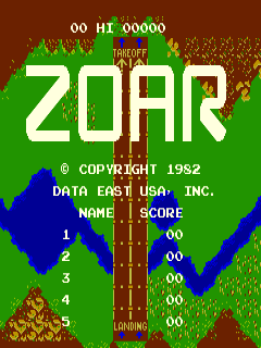 The title screen displays "ZOAR" in large white blocky letters centered on the screen. A brown wooden tower structure with a red flame at its top occupies the center, flanked by green terrain with brown rocky formations. Blue water elements frame the lower sides. At the top, a yellow score display shows "HI 00000". Below the title, copyright information reads "© COPYRIGHT 1982" and "DATA EAST USA, INC." in cyan text. A numbered score table appears on the left side with six rows labeled 1-6, each showing "00" in the score column. The background uses a limited pixel art palette of greens, browns, blues, and earth tones typical of early 1980s arcade graphics.