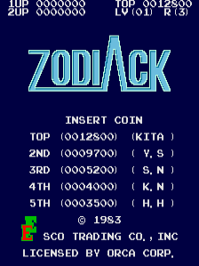 The title screen displays the cyan-colored "ZODIACK" logo in the center, with "INSERT COIN" below it. A five-row high score table lists positions one through five with scores and initials in white text: TOP (0012500), 2ND (0009700), 3RD (0003200), 4TH (0004000), and 5TH (0003500). At the bottom, a small colored sprite graphic appears on the left, followed by copyright text reading "SCO TRADING CO., INC" and "LICENSED BY ORCA CORP." The background is dark blue, and score indicators appear in the top-left and top-right corners of the screen.