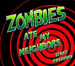The title screen features large green and yellow pixelated text reading 'ZOMBIES ATE MY NEIGHBORS' centered on a black background with concentric red and dark red circular rings radiating outward. Below the main title, smaller green text displays 'START' and 'PASSWORD' options in the lower right. The lettering uses a bold, outlined style typical of early 1990s SNES graphics with limited color palette and visible pixelation.
