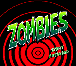 The ZOMBIES title logo appears in large yellow-green pixelated letters with a 3D shadow effect against a black background. Behind the text, concentric red circles radiate outward from a center bullseye target. In the lower right, white text reading 'SNES VERSION' is positioned below the main title. The overall composition uses a red and black color scheme with high contrast, typical of early 1990s SNES title screen design.