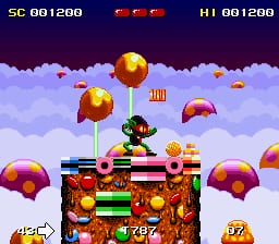 A colorful side-scrolling platform level displays a black ninja character standing atop a brown wooden structure decorated with red ornaments in the center of the screen. Purple and pink round enemies float in a light blue cloudy sky above and below the platform. The top HUD shows "SC 001200" on the left and "HI 001200" on the right, with orange collectibles displayed between them. Additional floating orbs and a lollipop item appear scattered throughout the composition. The sprite-based graphics use bright primary colors against a parallax scrolling cloud background.