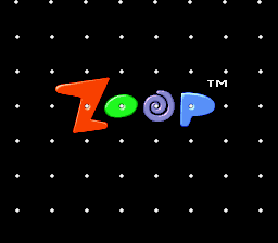 The title screen displays the word "ZOOP" in large orange pixelated letters on the left side, followed by four colorful geometric shapes arranged horizontally: a green circle, a purple spiral, and a blue rectangle. A "TM" trademark symbol appears in the upper right. The background is solid black with a scattered pattern of small white dots resembling stars. The entire composition uses a simple, blocky pixel art style typical of early-to-mid 1990s console graphics.