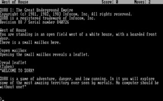 A text-based interface displays the title "ZORK I: The Great Underground Engine" at the top with copyright information below. The screen shows game text in white characters on a black background, beginning with "WEST OF HOUSE" as a location header. Below are descriptive passages about standing in an open field near a white house, mentioning a mailbox and a leaflet. At the bottom, partial text reads "SOME ADVENTURE. DANGER. AND LOW CUNNING." with prompts visible. A score counter showing "0" and moves counter showing "3" appear in the upper right corner. The interface is entirely text-based with no graphics or illustrations.