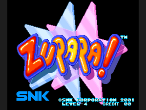 The title logo 'Zupapa!' dominates the center in large red and yellow letters with a blue outline, set against a black background. Behind the text are two large geometric shapes—a light blue star on the left and a pink star on the right. The SNK trademark appears in the lower left, while copyright text reading "© CRC CORPORATION 2001" is positioned in the lower right. The overall composition uses bright primary colors against the dark background typical of early 2000s arcade title screens.