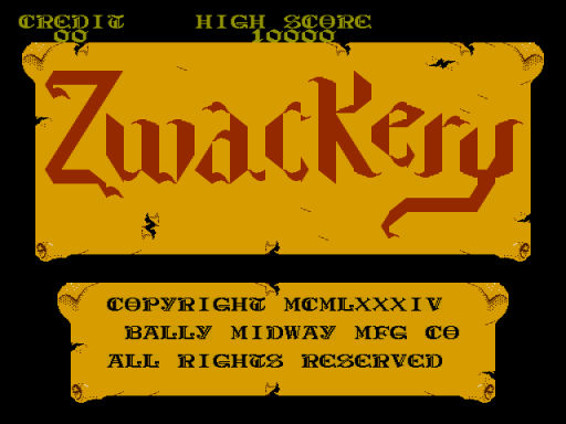 The title screen displays "Zwackery" in large red Gothic-style lettering centered on a gold background with scattered black bird silhouettes. At the top left, "CREDIT 01" and "HIGH SCORE 10000" appear in yellow text. Below the title, a gold rectangular banner contains copyright information reading "COPYRIGHT MCMLXXXIV BALLY MIDWAY MFG CO ALL RIGHTS RESERVED" in black text. The overall aesthetic uses a warm color palette of gold, red, and black with a vintage arcade design.