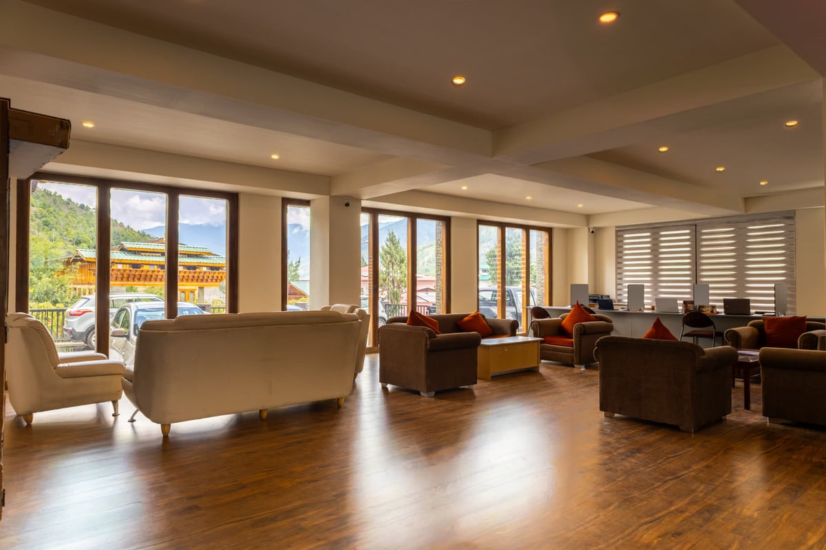 Open lounge inside the Global Trade office with mountain views
