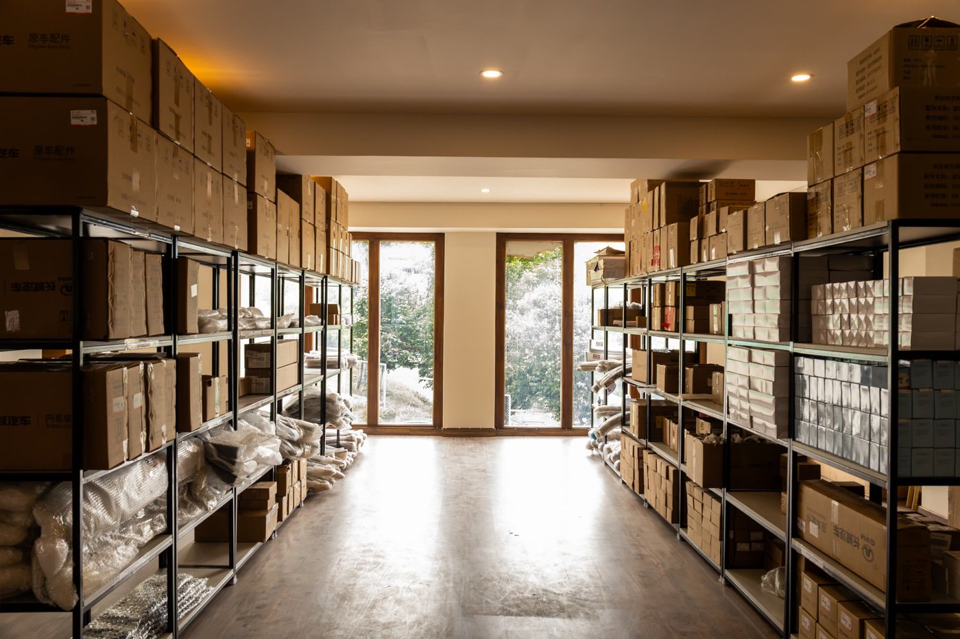 Spare-parts shelving in the Global Trade warehouse, Thimphu