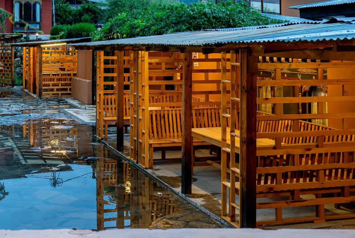 The restaurant pavilion at dusk