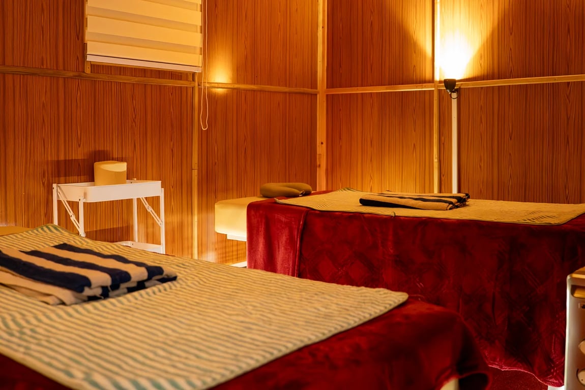 The spa, lamp-lit