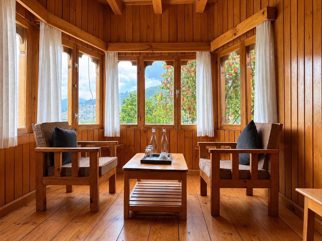 The lounge looks over the valley