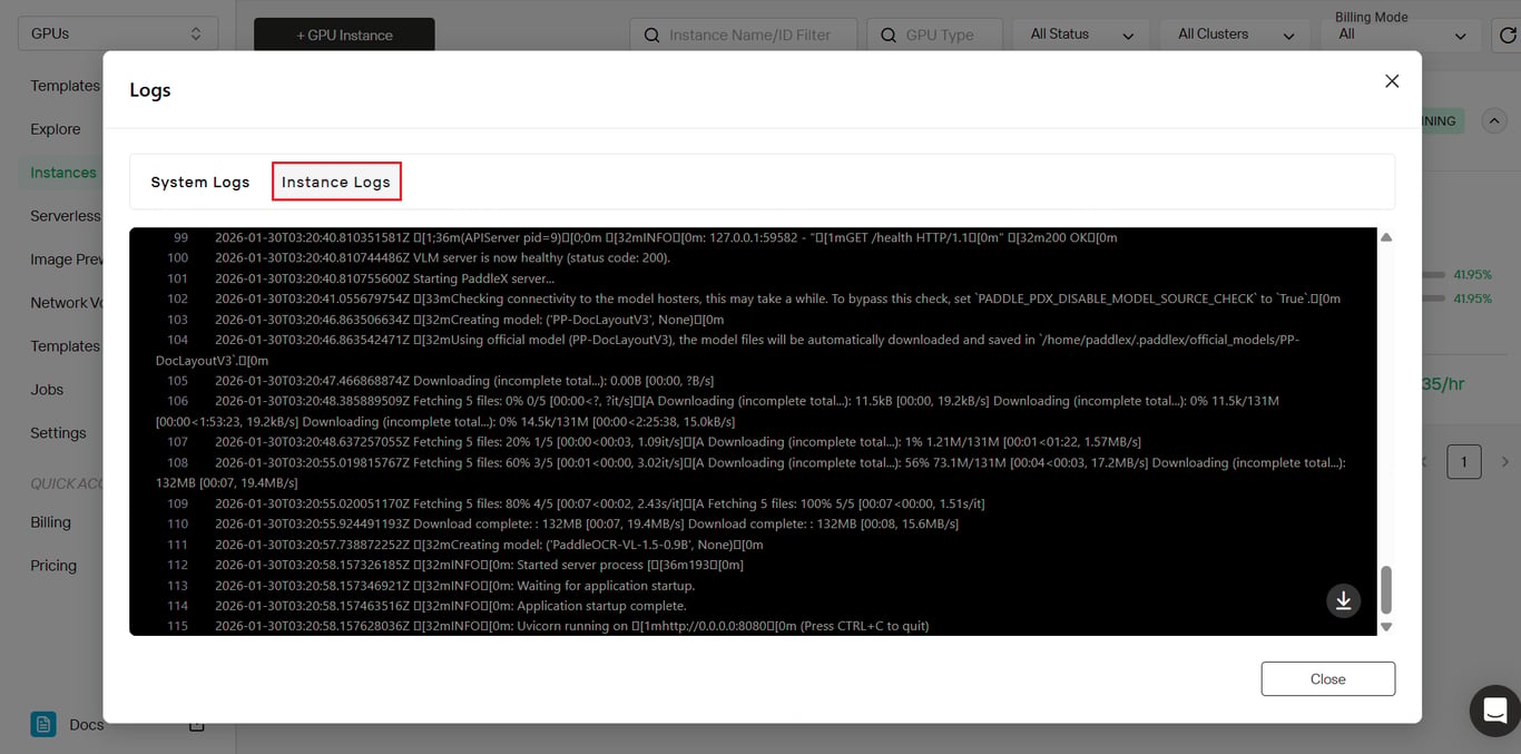 Verifying PaddleOCR service status in Novita AI logs