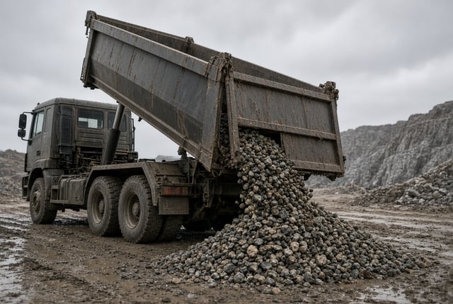 Dreiachs-Kipper mit angehobener Mulde auf der Baustelle