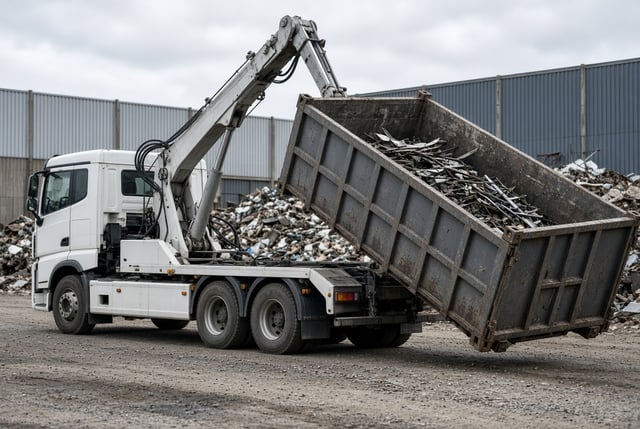 Abrollkipper setzt einen Container mit Metallschrott auf dem Recyclinghof ab