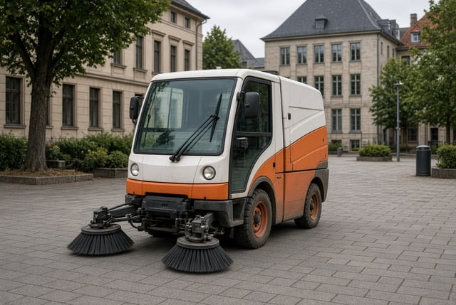 Kompaktkehrmaschine mit zwei Tellerbesen auf einem gepflasterten Platz